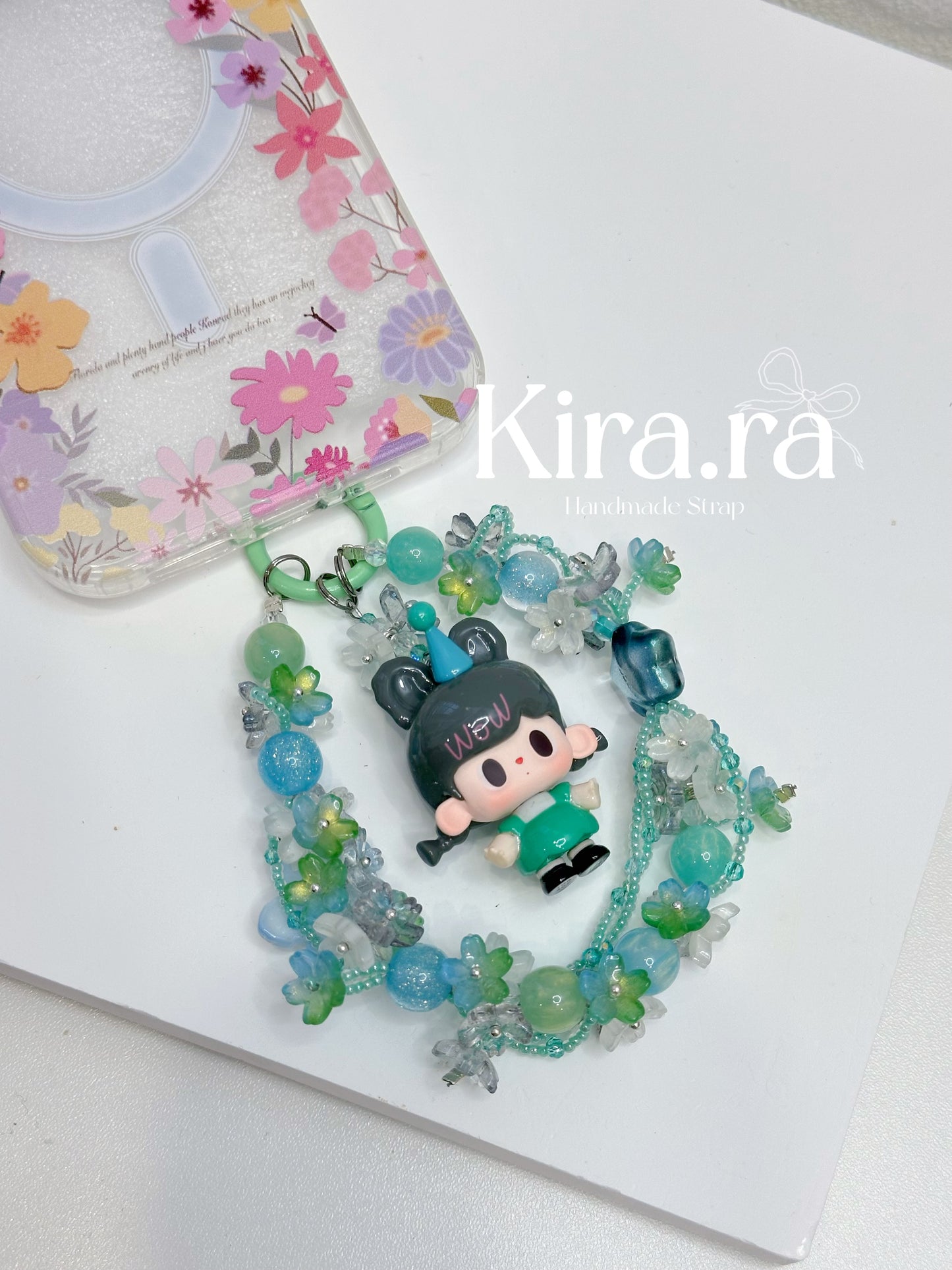 Mint Blossom TUTUBear Beaded Keychain | Handmade Phone Strap & Bag Charm | Kira.ra