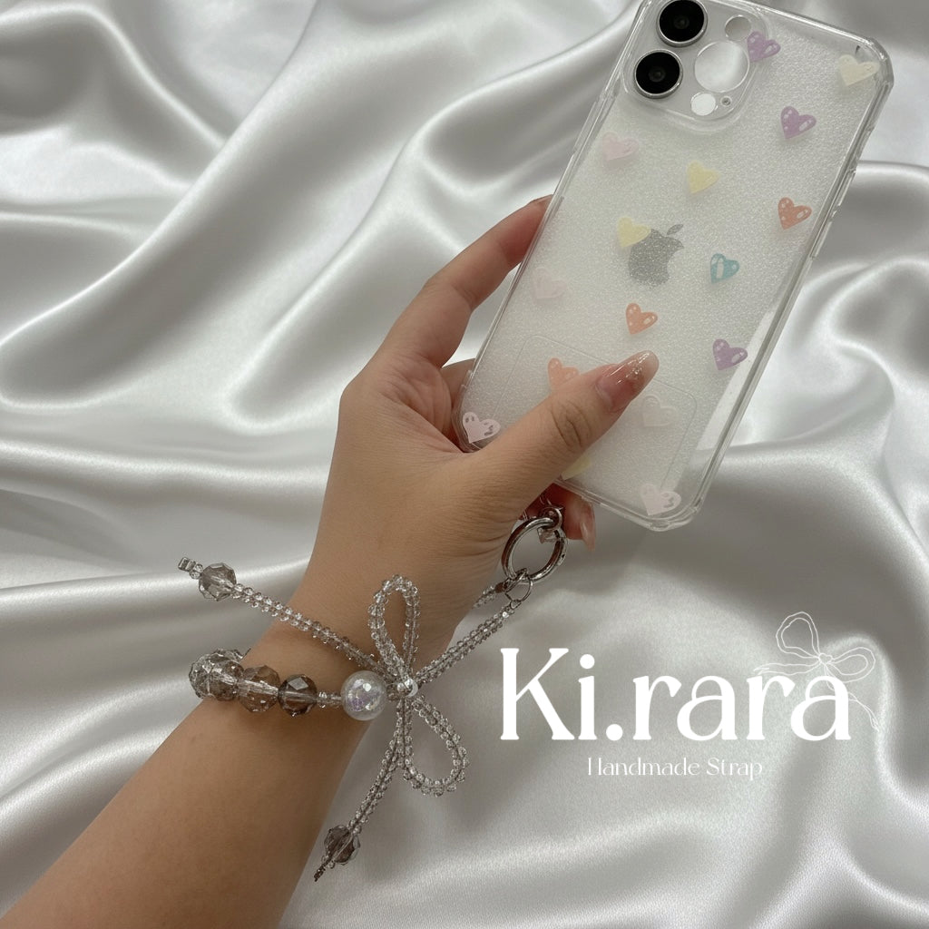 Smoky Crystal Bow Phone Strap | Grey Beaded Wristlet & Keychain | Kira.ra