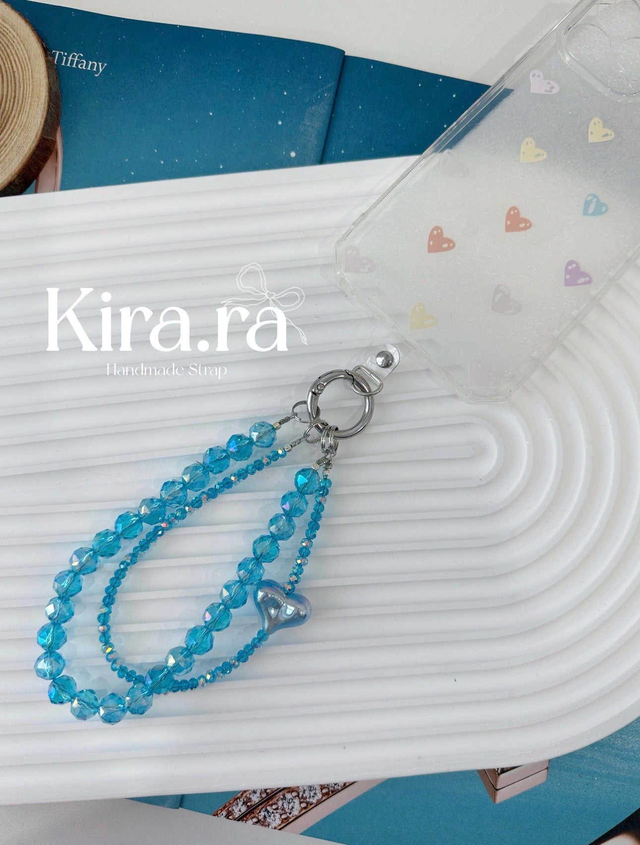 Blue Crystal Heart Charm Phone Strap | Handmade Beaded Wristlet|Kira.ra