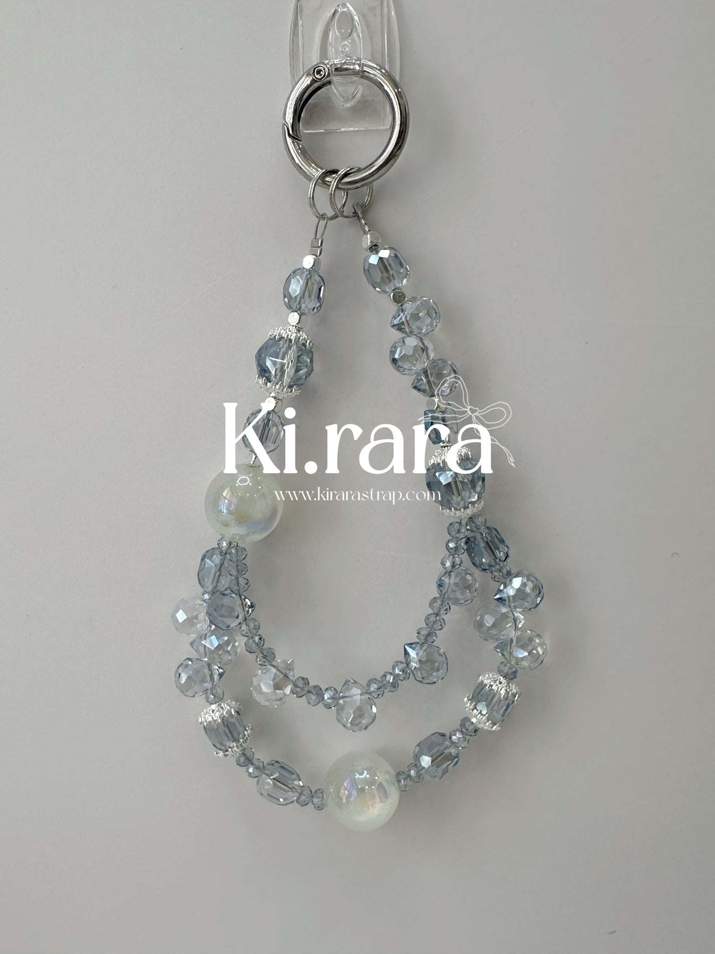 Dusty Blue Crystal Pearl Phone Charm Strap — Beaded Phone Lanyard, Y2K Aesthetic, Gift for Her