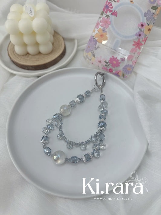 Dusty Blue Crystal Pearl Phone Charm Strap — Beaded Phone Lanyard, Y2K Aesthetic, Gift for Her