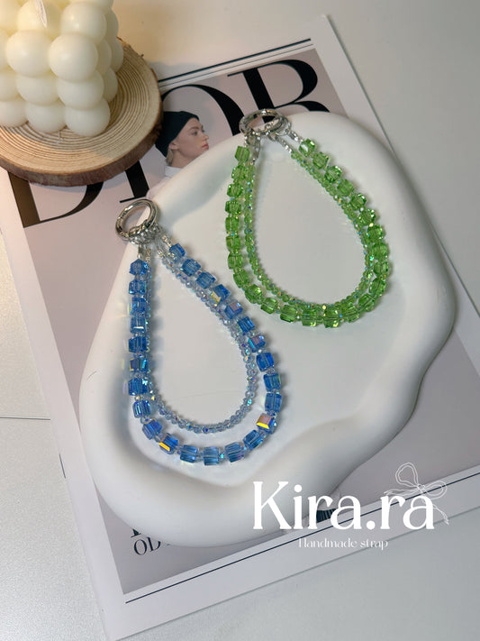 Crystal Double Loop Strap｜Minimal Beaded Phone Charm｜Kira.ra （Blue/Green）