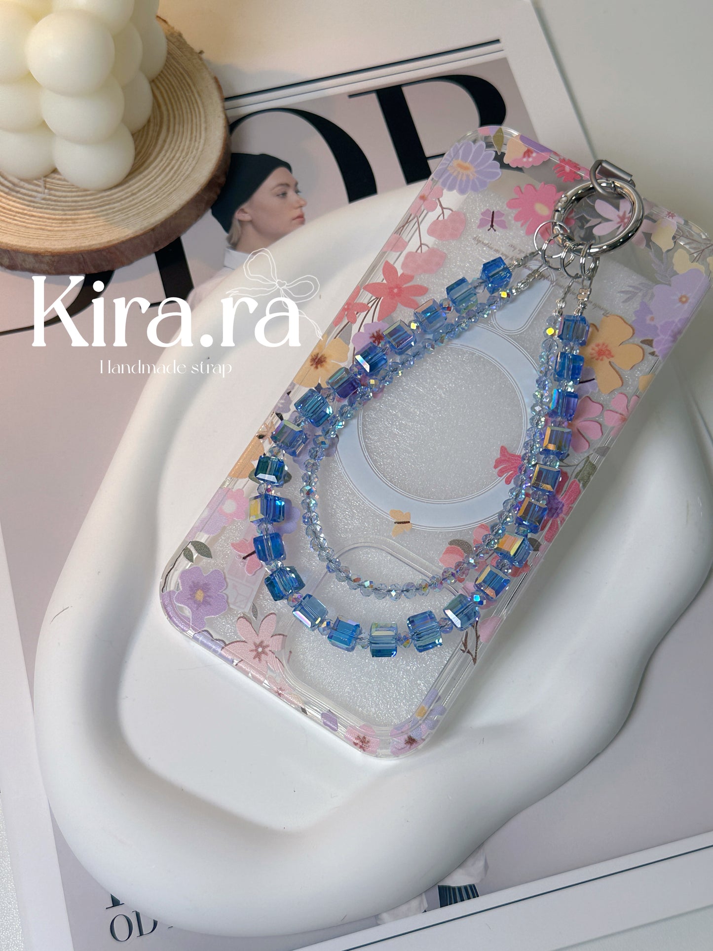 Crystal Double Loop Strap｜Minimal Beaded Phone Charm｜Kira.ra （Blue/Green）