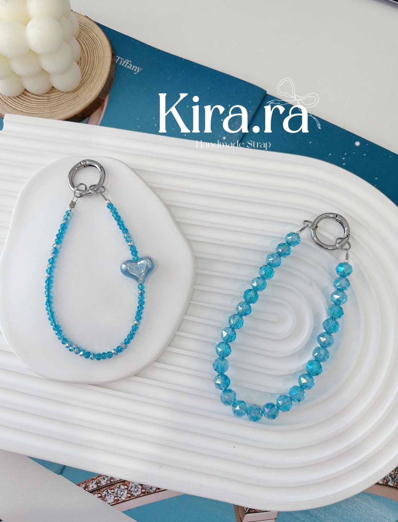 Blue Crystal Heart Charm Phone Strap | Handmade Beaded Wristlet｜Kira.ra