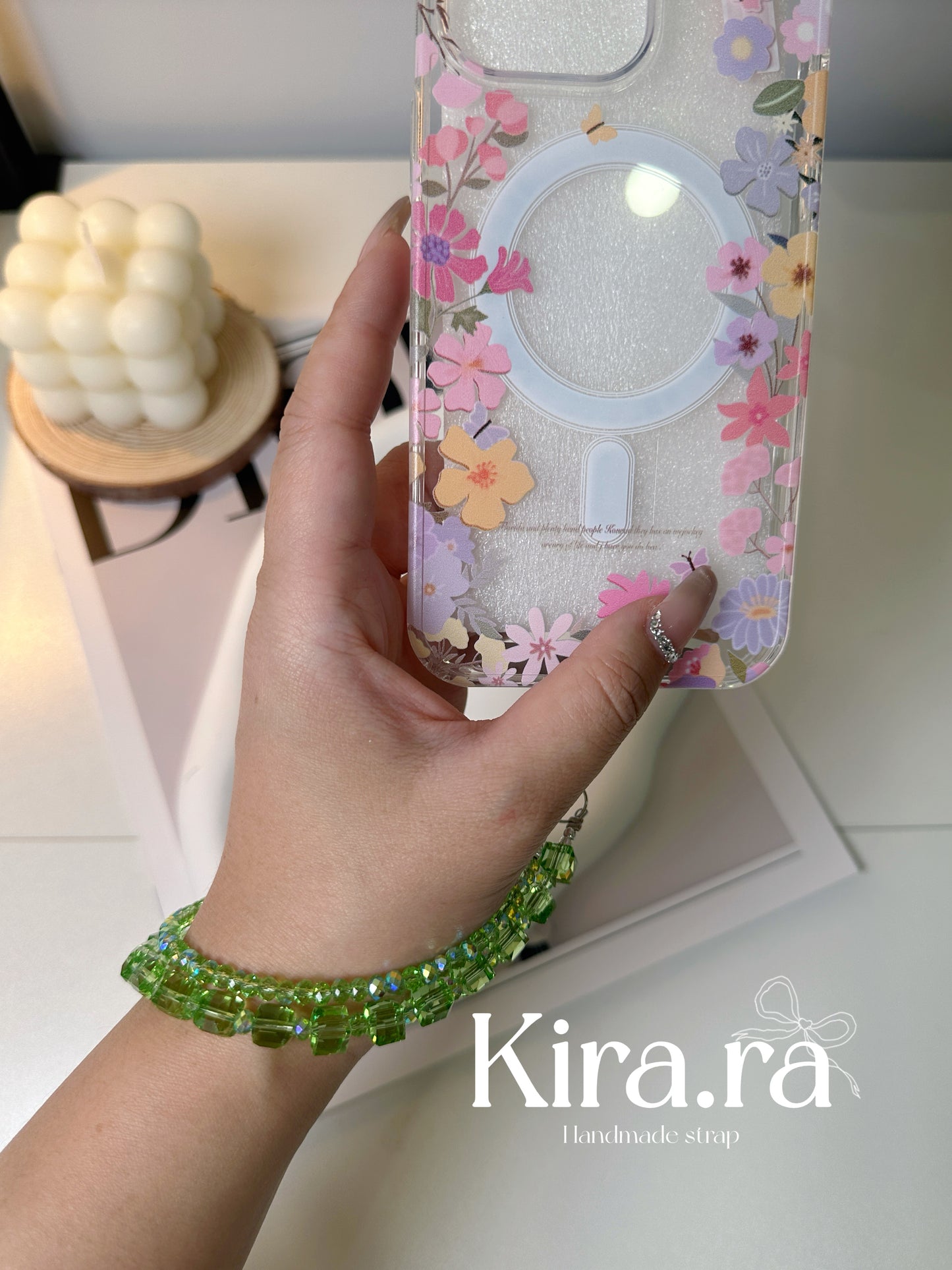 Crystal Double Loop Strap｜Minimal Beaded Phone Charm｜Kira.ra （Blue/Green）