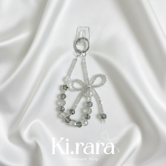 Smoky Crystal Bow Phone Strap | Grey Beaded Wristlet & Keychain | Kira.ra