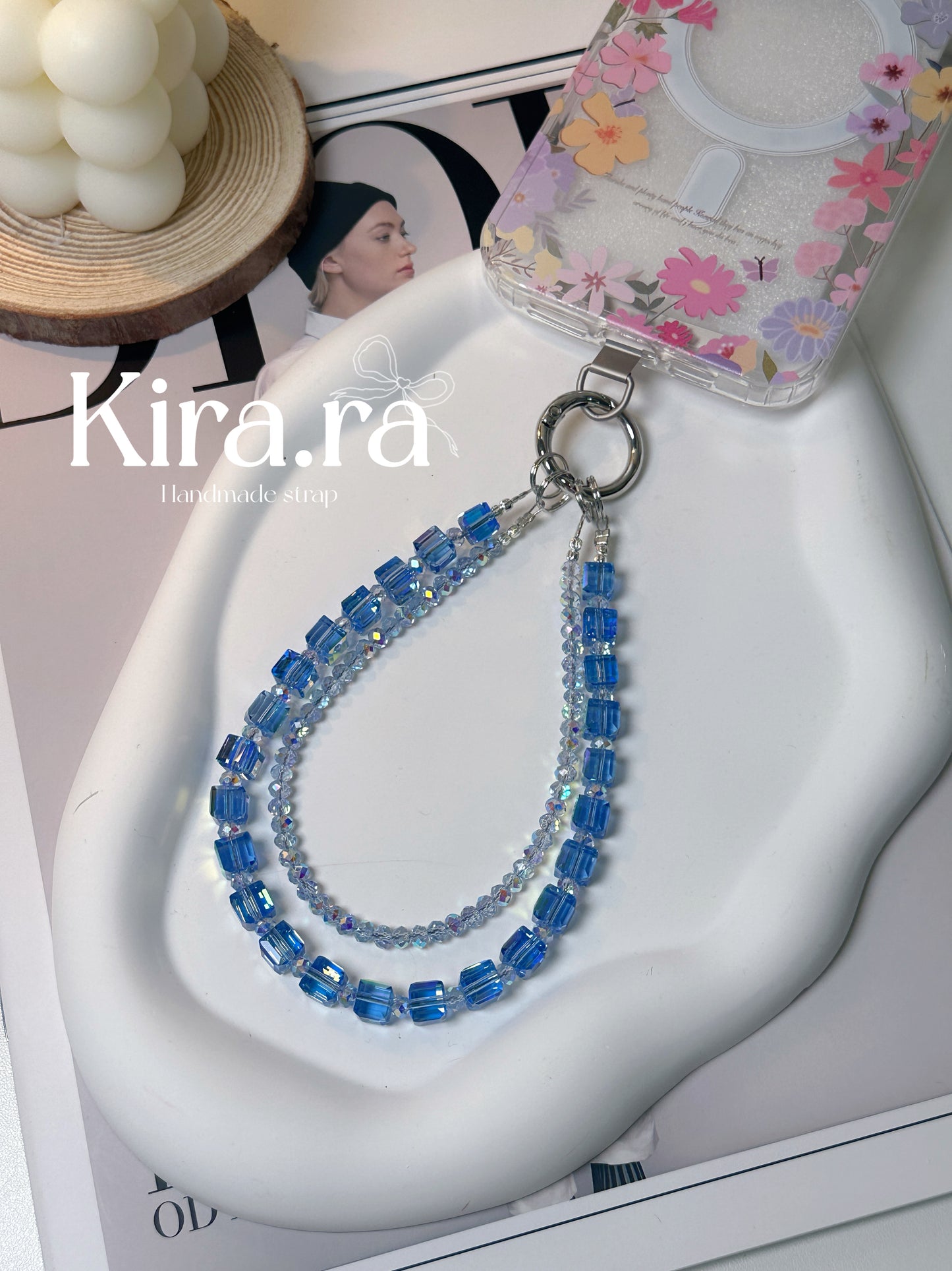 Crystal Double Loop Strap｜Minimal Beaded Phone Charm｜Kira.ra （Blue/Green）