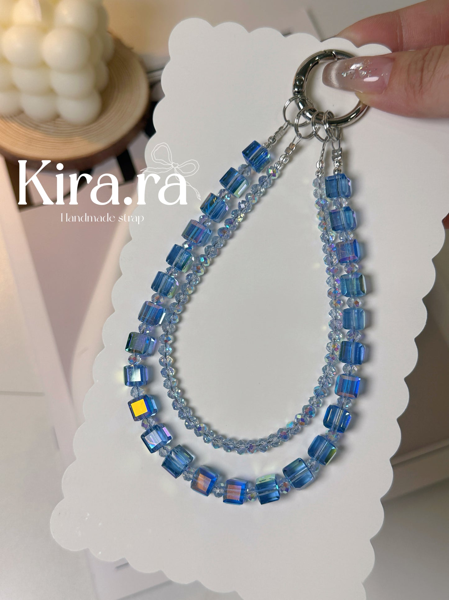 Crystal Double Loop Strap｜Minimal Beaded Phone Charm｜Kira.ra （Blue/Green）
