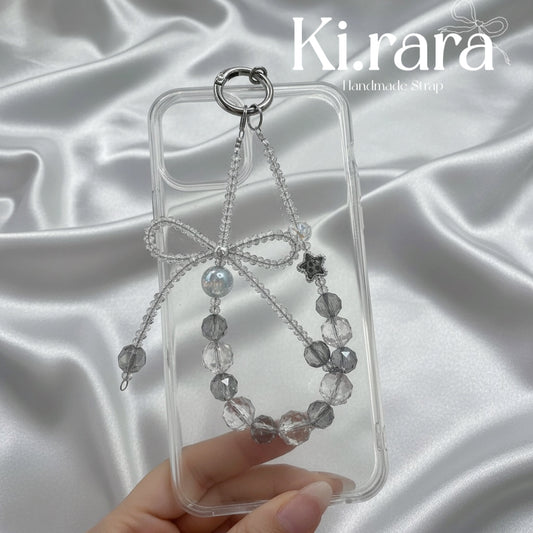 Smoky Crystal Bow Phone Strap | Grey Beaded Wristlet & Keychain | Kira.ra
