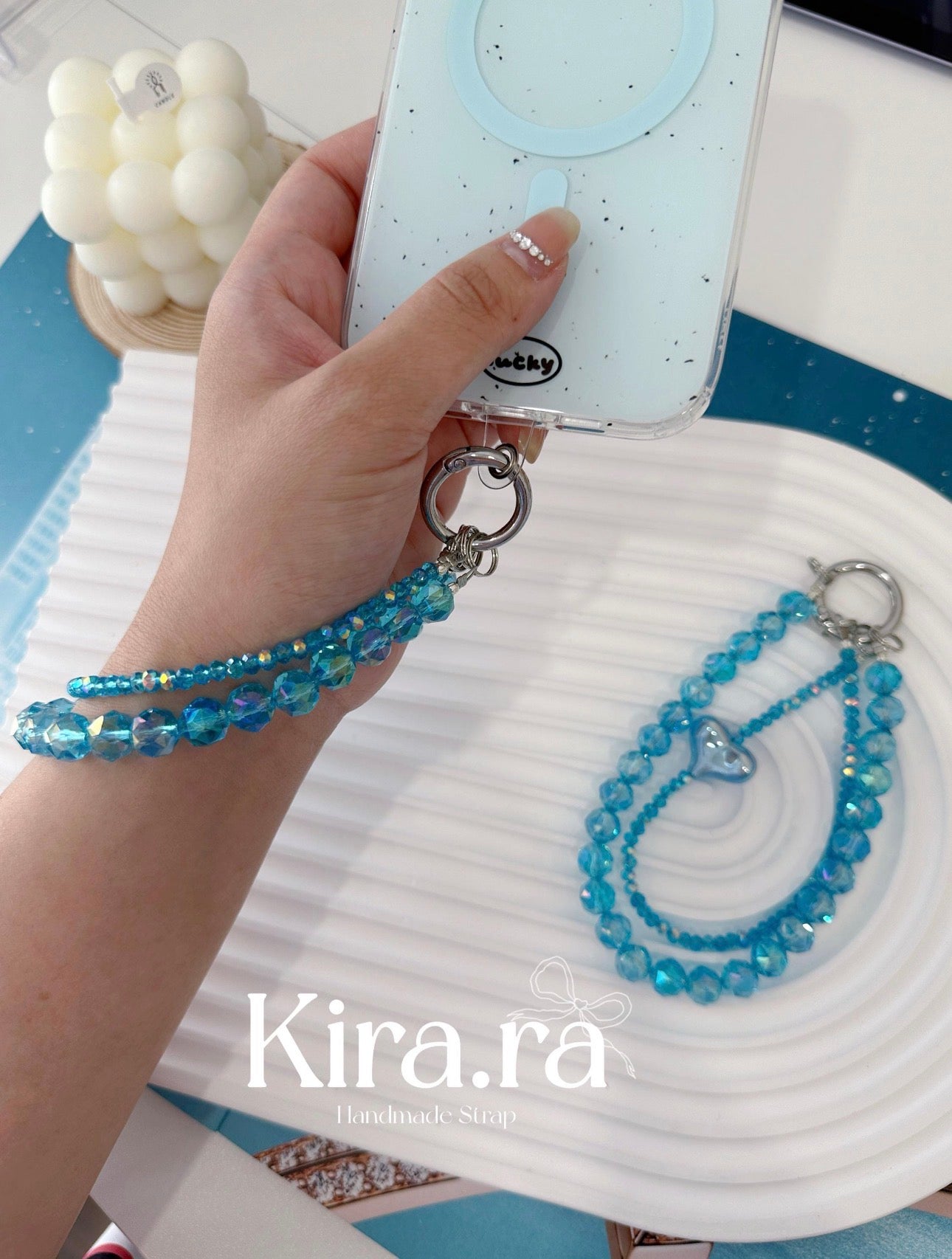 Blue Crystal Heart Charm Phone Strap | Handmade Beaded Wristlet｜Kira.ra