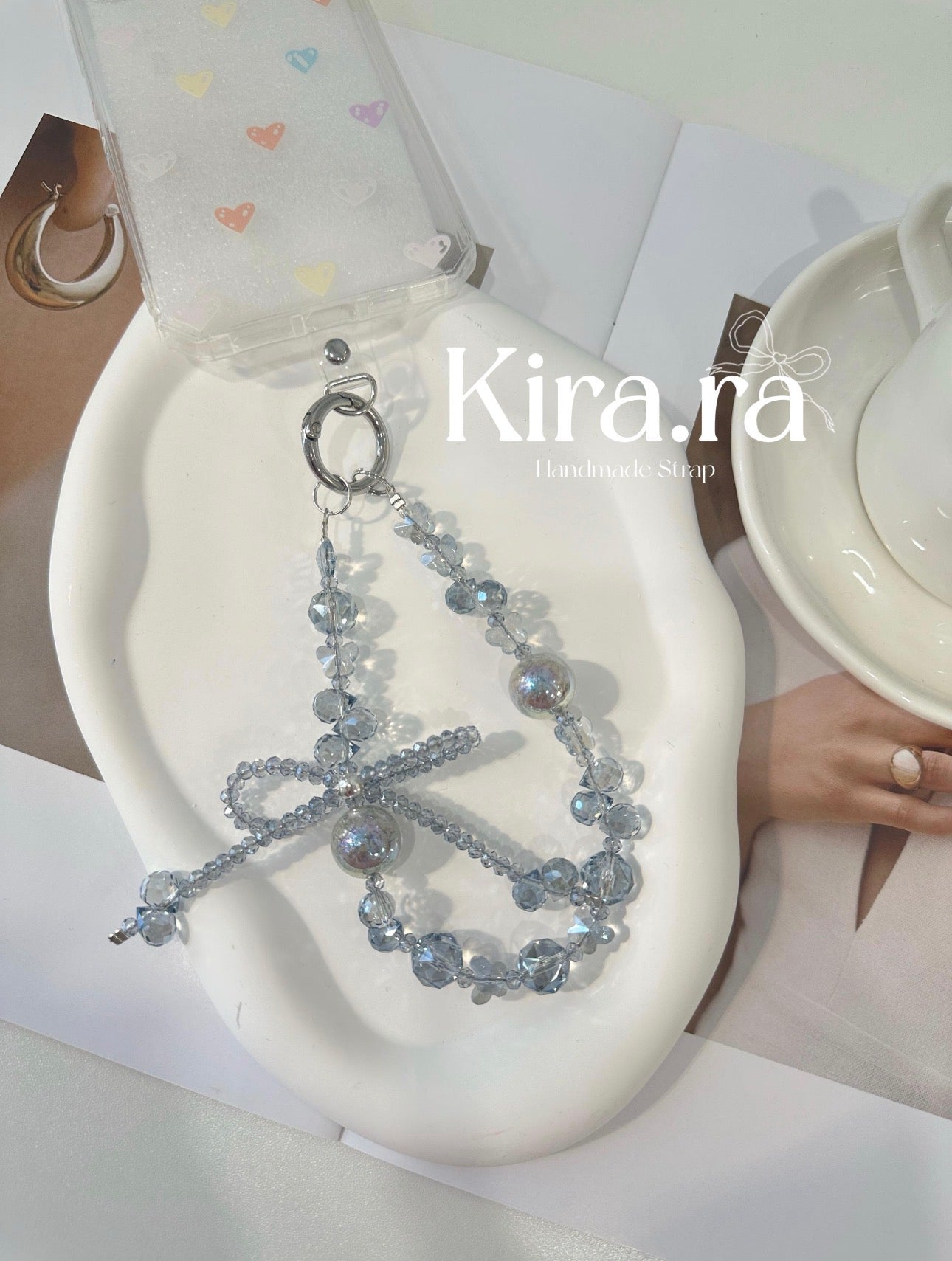 Blue Crystal Bow Phone Strap｜Beaded Wristlet Lanyard｜Kira.ra