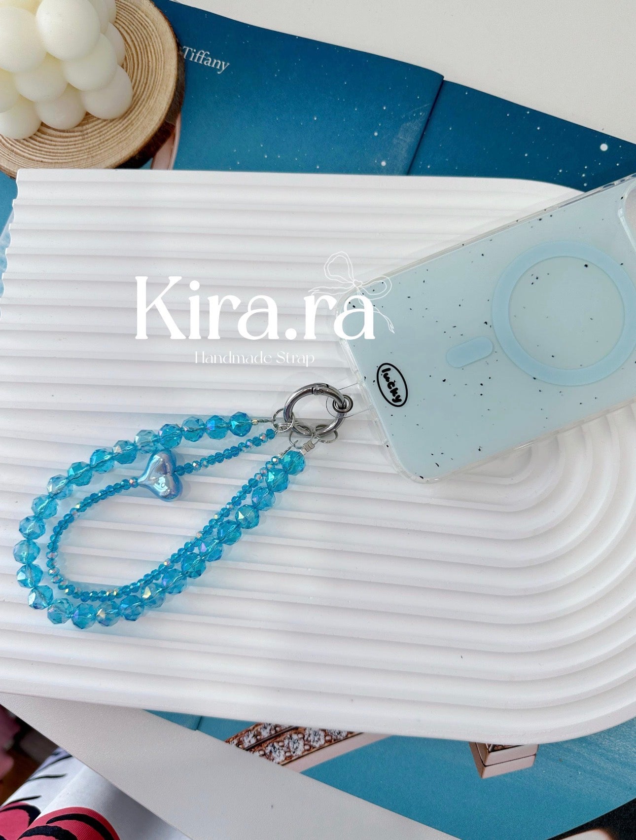 Blue Crystal Heart Charm Phone Strap | Handmade Beaded Wristlet｜Kira.ra