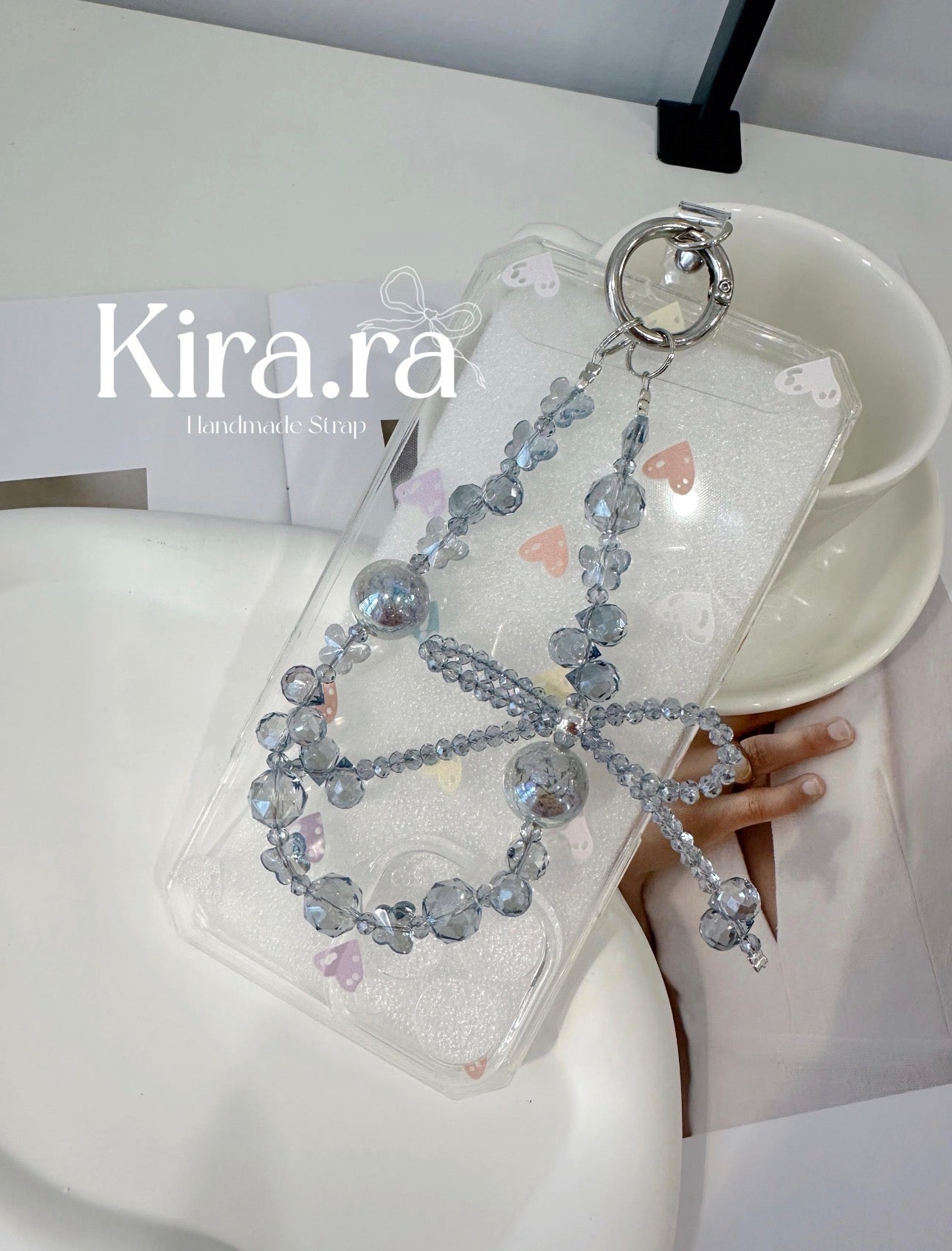 Blue Crystal Bow Phone Strap｜Beaded Wristlet Lanyard｜Kira.ra
