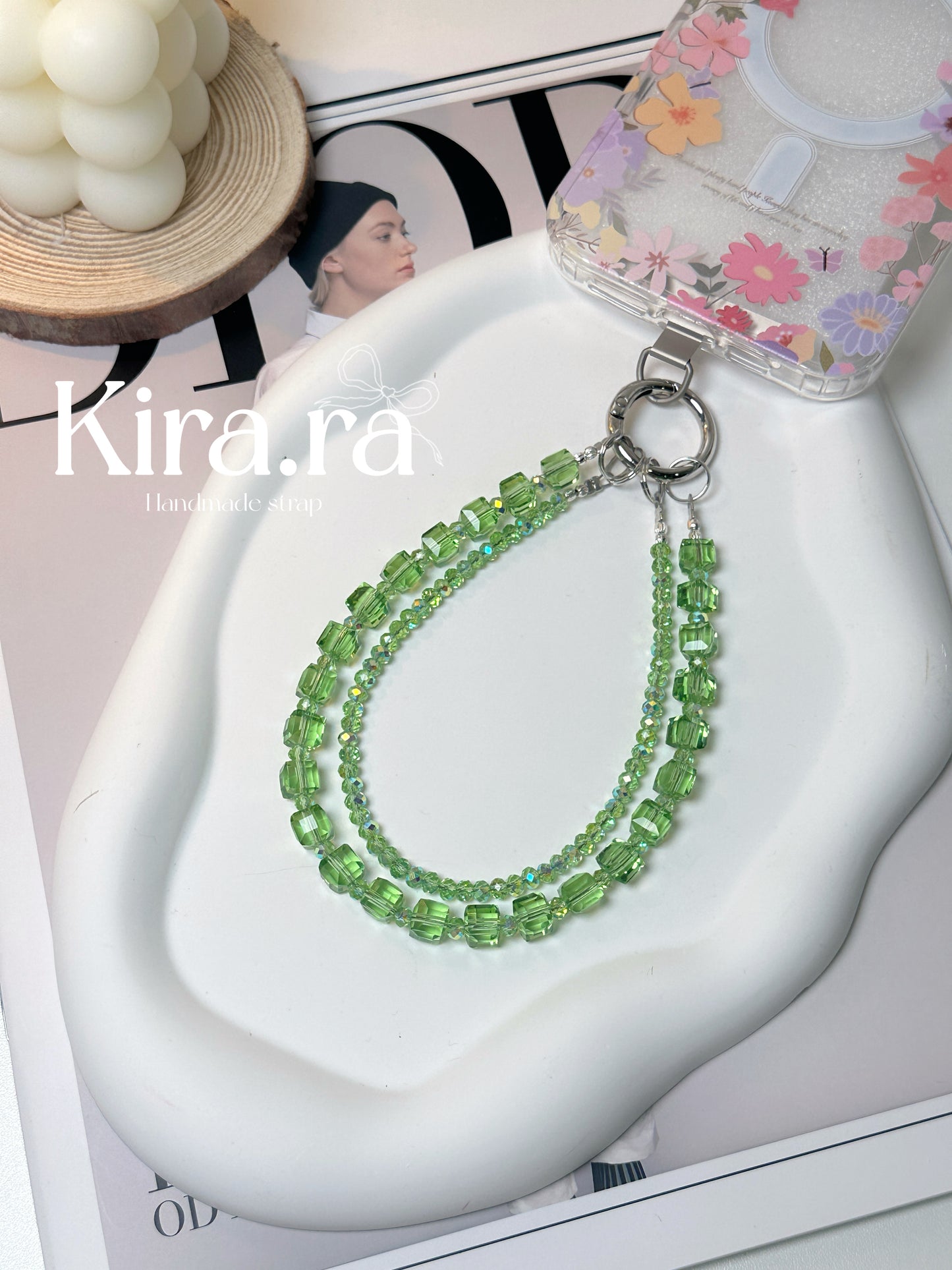 Crystal Double Loop Strap｜Minimal Beaded Phone Charm｜Kira.ra （Blue/Green）