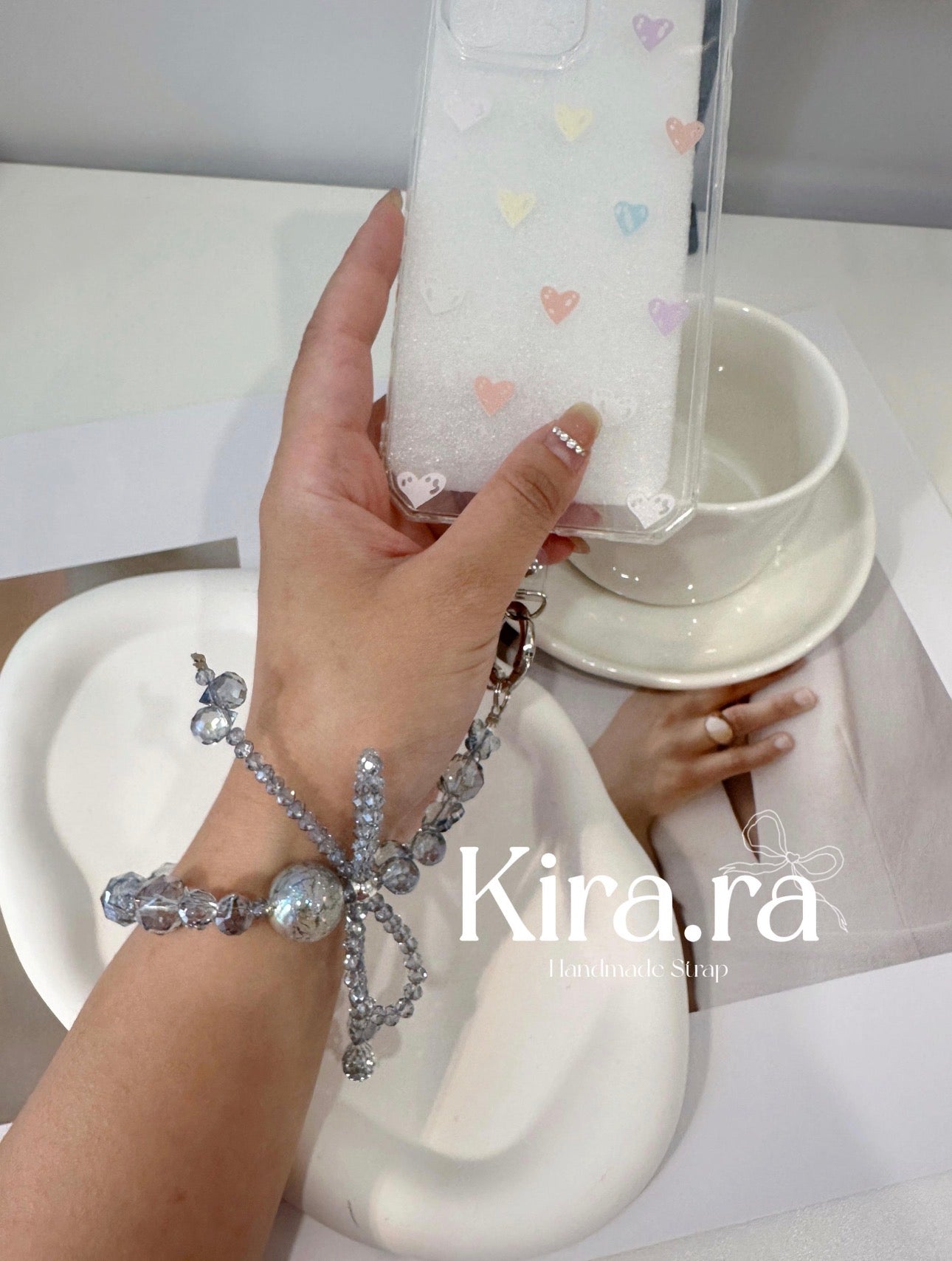 Blue Crystal Bow Phone Strap｜Beaded Wristlet Lanyard｜Kira.ra