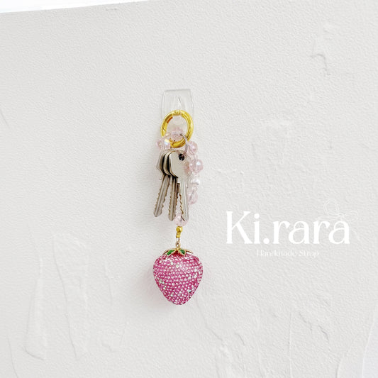 Sparkling Strawberry Keychain Charm | Handmade Pink Beaded Keychain |  Kira.ra