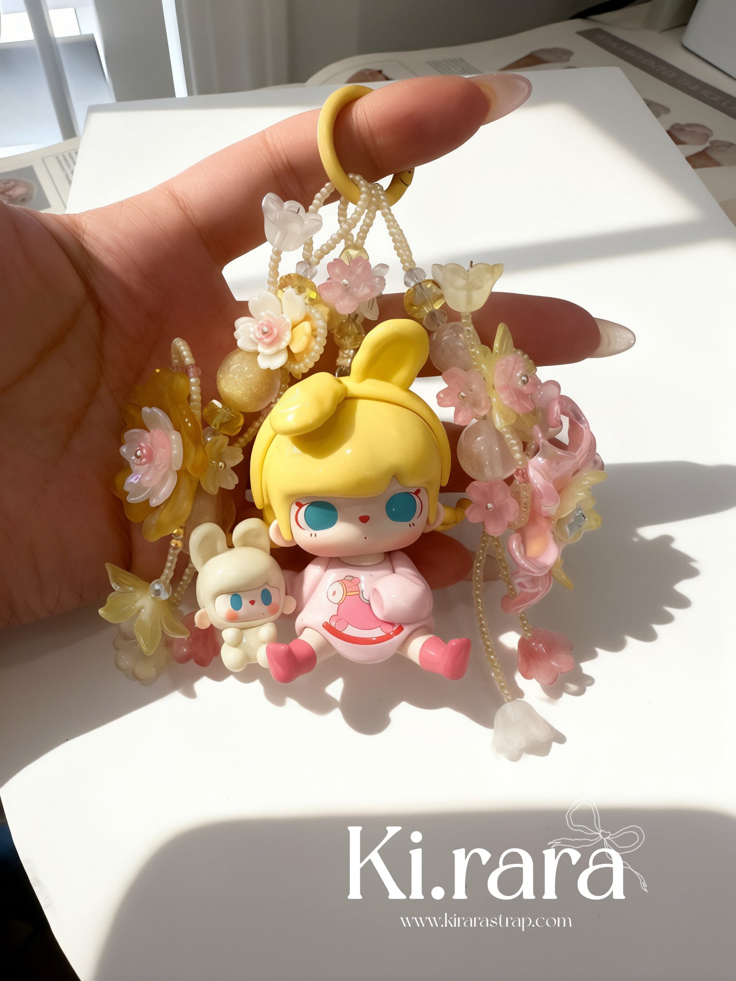 Tutubear Floral Wreath Bag Charm | Bunny Doll Keychain with Pink & Yellow Flowers | Kawaii Handmade Purse Charm