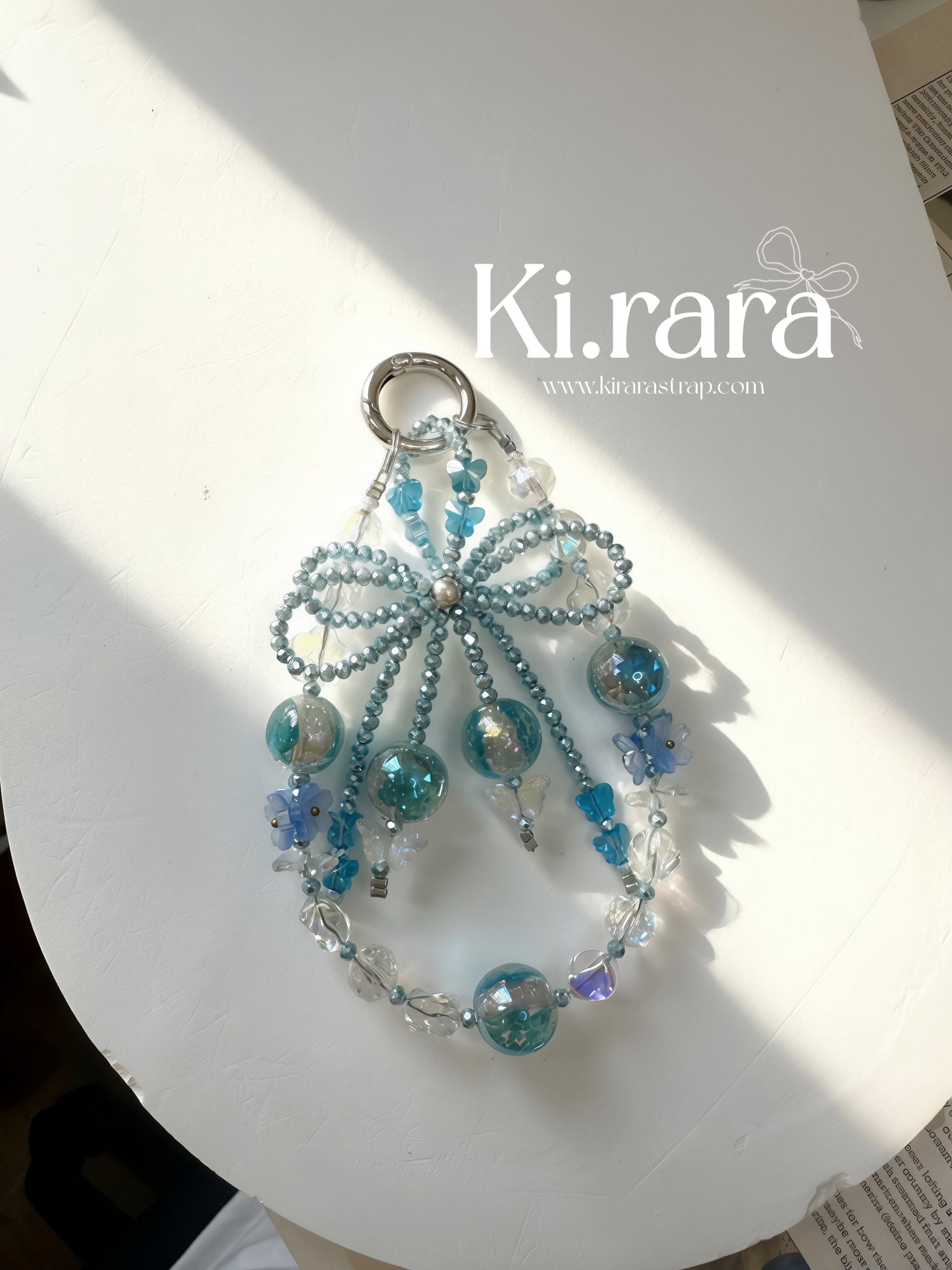 Blue Bow Beaded Bag Charm | Butterfly Wristlet Strap Detachable Keychain | Murano Glass Bead Purse Charm | Kirara Handmade Gift