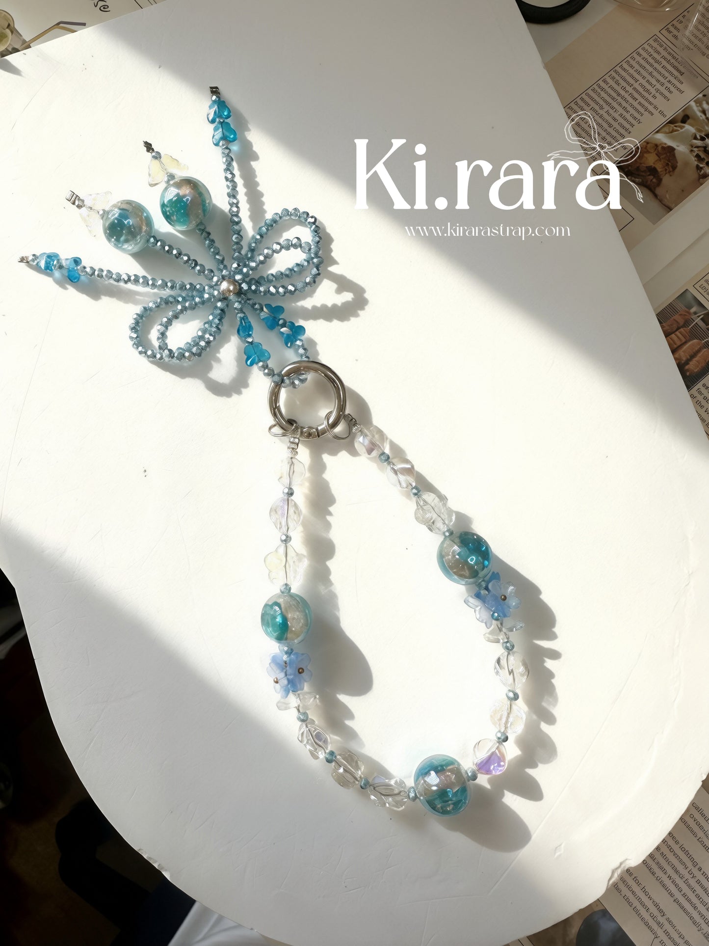 Blue Bow Beaded Bag Charm | Butterfly Wristlet Strap Detachable Keychain | Murano Glass Bead Purse Charm | Kirara Handmade Gift