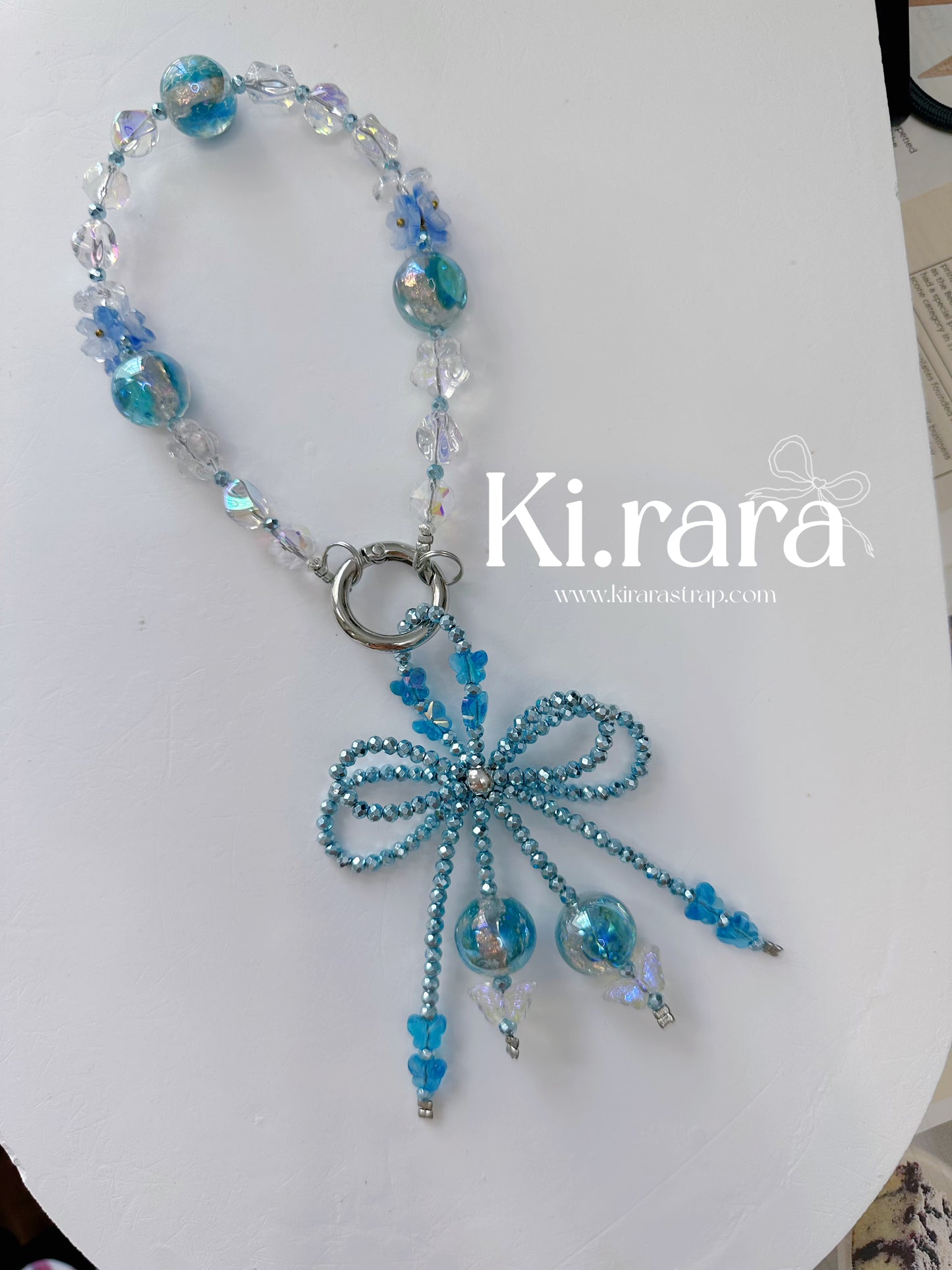 Blue Bow Beaded Bag Charm | Butterfly Wristlet Strap Detachable Keychain | Murano Glass Bead Purse Charm | Kirara Handmade Gift
